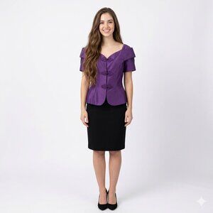 VTG Watters & Watters Purple Shantung Peplum Blouse 10 Frog Closure 90s Glam USA